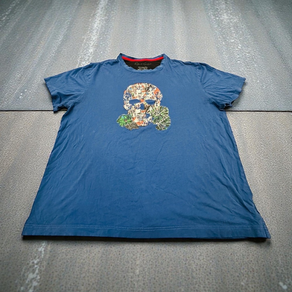 Robert Graham Men Size 2XL Blue Graphic Skull Print Short Sleeve Crew Neck Shirt